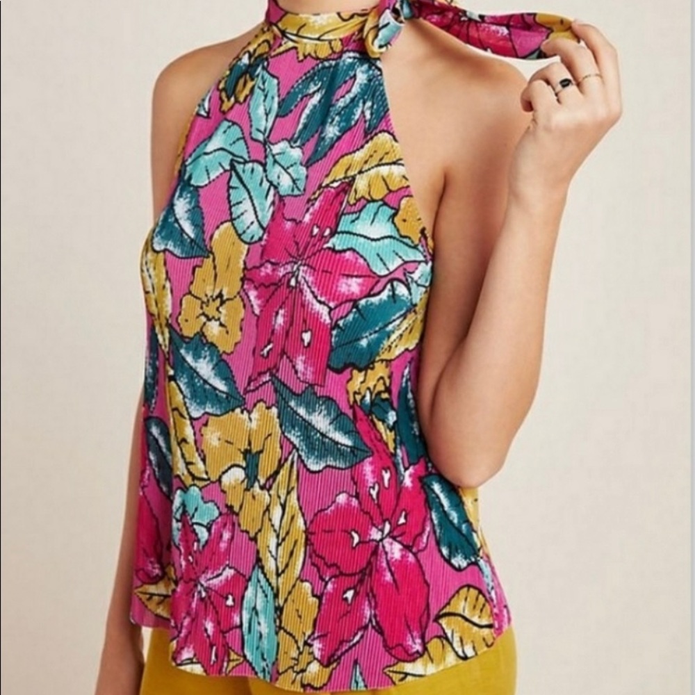 Anthropologie Maeve Gloucester Floral Tie
Neck Pleated Top, Size S